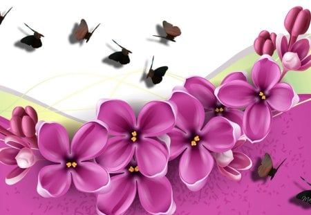 Lilacs and Shadow Butterflies - pink butterflies, shadows, spring, bright, abstract, fleurs, flowers, lilac, papillon