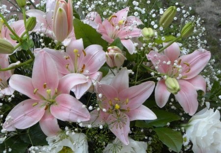 PINK BOUQUET - bridal, roses, blooms, babies breath, leaves, lily, flowers, pinks, weddings