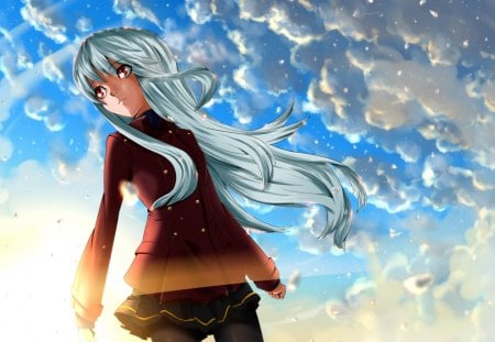 Anime - seifuku, cute, clouds, sky