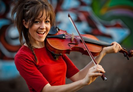 Joyfull Violin - female, brown, violin, girl, hair, happy, music, instrument, strings, stirling, joyfull, brunette, lindsey