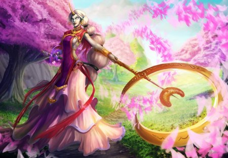 League Of Legends - Soraka - sword, colourful, soraka, white eyes, katana, white hair, game, leaves, scepter, video games, sorceress, colorful, dress, weapons, games, long hair, petals, lol, female, trees, league of legends, horn