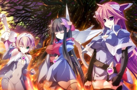 kouyoku no soleil - anime, 3 girls, green eyes, long hair, purple eyes, short hair, fire, weapon, game cg, kouyoku no soleil, hot, girl, sword, blonde hair, eyes closed, girls, black hair, cute, wide image, sexy