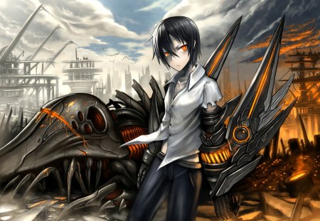 Anime - ruins, anime, city, blood, mecha