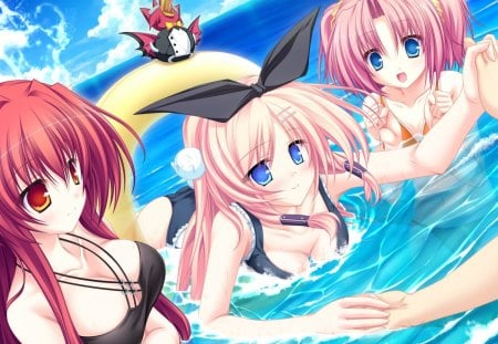 Amane Ruru, Sakura Kamazai & Karen Lux Victoria - amane ruru, anime, anime girl, sakura kamazai, summer, blue, sea, karen lux victoria, 77, bleach, sun, sky