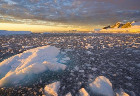 antarctica - ice, sunset, sea, clouds