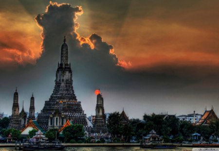 beautiful cloud over asian temple hdr - clouds, river, city, hdr, temple