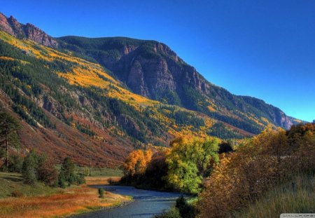 autumn in a river valley - valley, autumn, forest, mountain, river