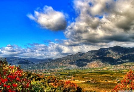 autumn in the valley through flowers - valley, autumn, clouds, mountains, flowers