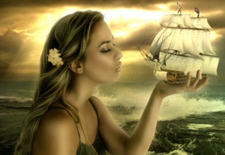 the sea angel - ship, angle, sea, girl, waves