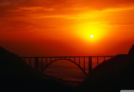 sunset over coastal bridge on west coast - orange, bridhe, sunset, coast