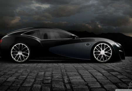 bugatti type 12 - black, clouds, car, stones