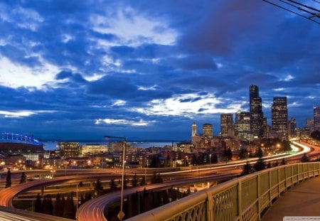 evening on a city - clouds, lights, evening, city, highways