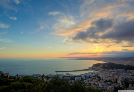 sunrise on a mediterranean city - city, sunrise, sea, clouds