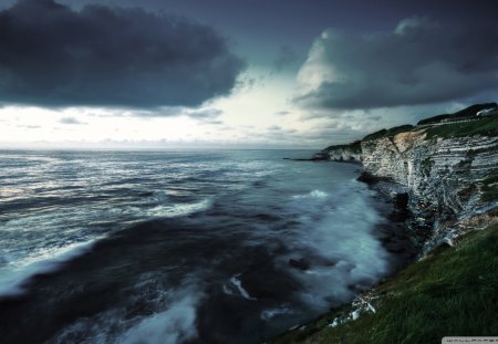 stormy rugged coast - cliff, farms, clouds, coast, sea