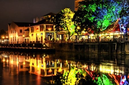 colorful city by a river hdr - restaurant, lights, river, city, hdr