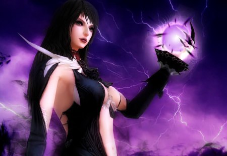 Emilia Reckless - dark hair, sorceress, emilia reckless, purple background, green eyes, long hair, reckless emilia, witch, granado espada, games, video games, lightning