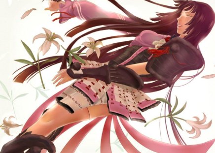 Oichi - sengoku basara, thigh highs, female, samurai, long hair, boots, stockings, white background, armour, oichi, anime, flowers