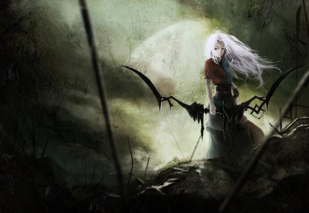 Yagokoro Eirin - moon, girl, female, dark background, long hair, night, eirin yagokoro, touhou, games, bow, anime, weapon, video games, yagokoro eirin, white hair