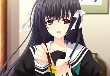 Ako Hananomiya - black, sekajyo, anime, anime school girl, anime girl, ako hananomiya, food