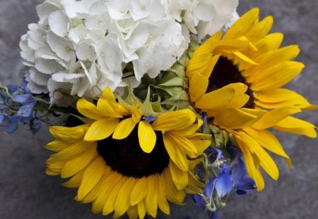 Follow the Lightâ™¥ - purple, flowers, bouquet, love, yellow, forever, white, sunflowers, nature, hydrangea