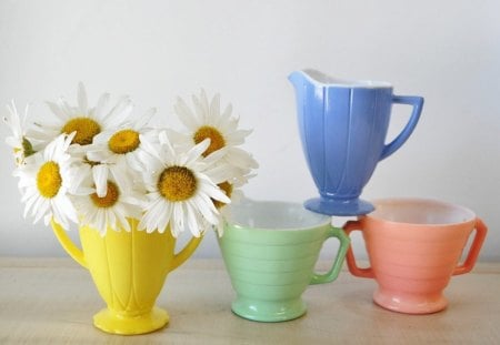 Yellow filled♥ - yellow, blue, pink, bouquet, tiny, daisies, white, green, arrangement, full, syrup pitcher, centerpiece