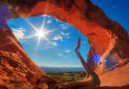 Sunny Arch, USA, Utah - sky, rocks, desert, stone, sun