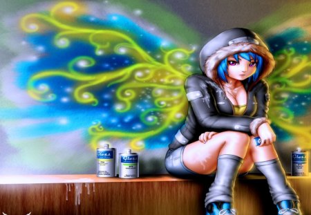 Rina Atherina - sitting, fur, hot, female, butterfly wings, anime girl, cool, shorts, reina atherina, bottle, short hair, pink eyes, sexy, girl, hood, ipod, blue hair