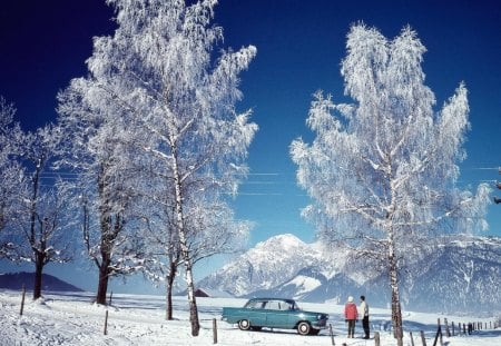 *** WINTER *** - trees, road, mountain, people