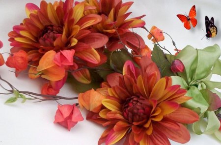 Energy of Fall Flowers - autumn, rust, chrysanthemum, mums, green ribbon, fall, bow, fleurs, orange, flowers, papillon, bouqet, butterflies