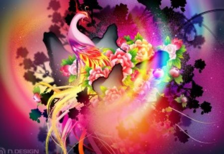 the phoenix - rainbow, flowers, bird, heart