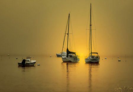 Quiet Sunset - sky, ocean, boats, photography, sunset, sea, horizont