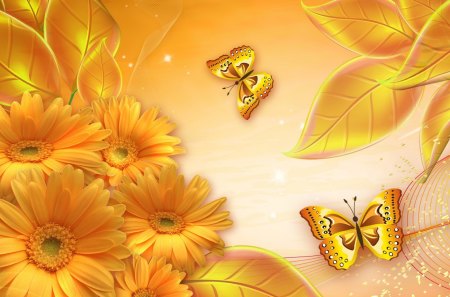 Gold Oh So Gold - gold, bright, glitter, sprinkles, butterfly, fleurs, gerbera, yellow, shasta, leaves, flowers, sparkles, papillon, butterflies