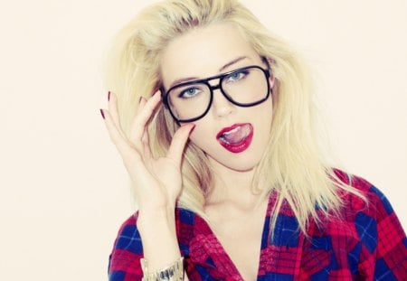 Sexy Blonde - sexy, glasses, female, red, lipstick, model, with, blonde