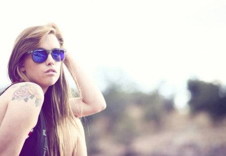 Tattoe and blue glasses - outside, sexy, glasses, and, female, girl, outdoors, with, model, tattoe, blue, brunette