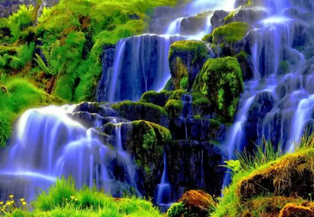 Mountain waterfall - hills, cascades, summer, blue, stream, grass, mountain, fresh, nice, falling, greenery, warterfall, beautiful, slope, lovely, fall, nature, green