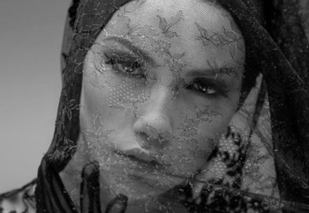 charming face - black and white, veil, lips, gloves