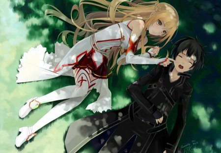 Yuuki Asuna & Kirigaya Kazuto - thigh highs, poke, thighhighs, anime girl, kirigaya kazuto, black swordsman, white, amazing, grass, artistic, skirt, kawauu, the black swordsman, stunning, kirito, beautiful, uniform, beauty, nice, brown eyes, black, sao, pretty, g, green, anime, sword art online, love, couple, girl, asuna, nap, kirigaya, flash, red, napping, awesome, digital, outfit, kazuto, sleeping, eyes, black hair, stockings, laying, art, cool, married, yuuki, breastplate, boyfriend, leggings, swordsman, jacket, shade, armor, brown hair, girlfriend, anime boy, brown, yuuki asuna, tree, cute, the flash, boots, cg, sleep, boy, coat