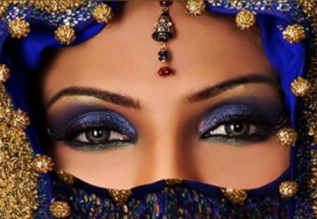 exotic beauty - eyes, exotic, beads, headscarf, beauty, makeup