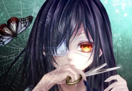 Anime - butterfly, anime, scissors, eyepatch, web