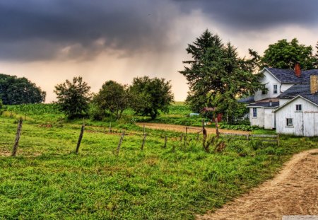 beautiful old farm hdr - fields, farm, fence, trees, clouds, hdr