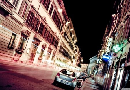 a street in florence in long exposure - cars, city, stree, lights