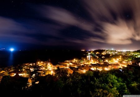 hawaiian islands on a beautiful night - sky, towns, night, sea, lights