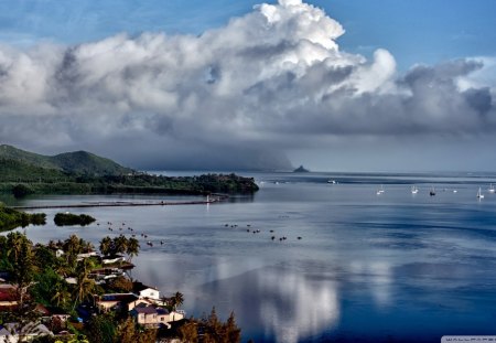 hawaiian rain - village, clouds, coast, rain, sea