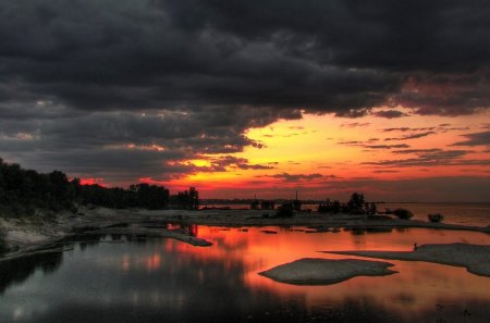 beautiful sunset landscape - clouds, pools, sunset, beach