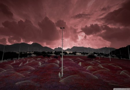 wonderful red evening - clouds, fields, lights, sprinklers, sky