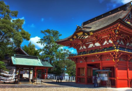 shrine gate and grounds hdr - trees, tourists, gate, clouds, shrine