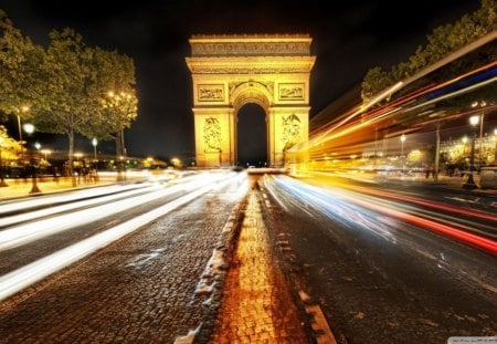 arc de triomphe at night and long exposure - streer, night, monument, lights