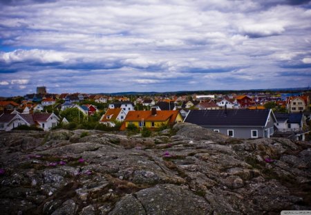 colorful norwegian village - wallpaper, rocks, village, architecture, houses, clouds, new, nature, colors