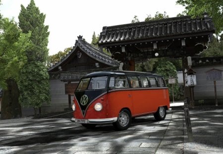 vintage vw bus - driveway, gate, car, shrine