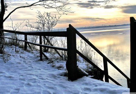 winter scene - clouds, winter, harbour, steps, fence